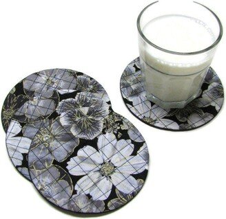 Coasters, 100% Cotton, Protectors, Padded, Mug Mates, Drink Coasters, Quilted, Set Of Four, Gorgeous Blossoms Grey