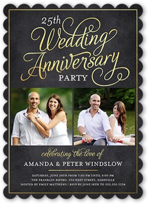 Wedding Anniversary Invitations: Scrolled Script Wedding Anniversary Invitation, Black, Pearl Shimmer Cardstock, Scallop