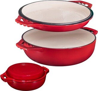 2-in-1 Red Enameled Cast Iron Cocotte Double Braiser Pan with Grill Lid, 3.3 Quarts