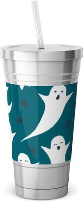 Travel Mugs: Halloween Ghosts - Dark Teal Stainless Tumbler With Straw, 18Oz, Green