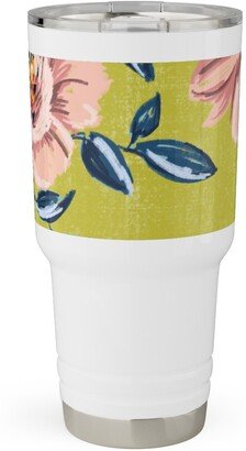 Travel Mugs: Pink Peonies Travel Tumbler, 30Oz, Green