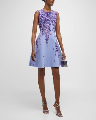 Floral Applique Lilac Jacquard Sleeveless Mini Dress