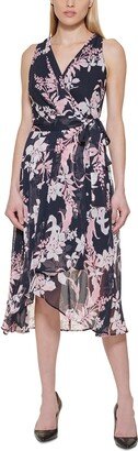 Petites Womens Floral Midi Midi Dress