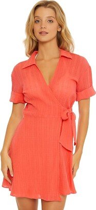 Playa Textured Collared Wrap Shirtdress Cover-Up (Grapefruit) Women's Swimwear