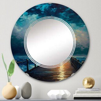 Designart 'Light At The End Of The Pier During Stormy Night I' Printed Landscape Cottage Lake Mountains Wall Mirror