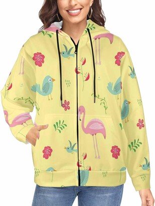 LOSARON Cute Flamingo and Tropical Plants Women's Full-Zip Hooded Sweatshirt with Thumb Holes Comfortable Hoodie Casual Fashion Jackets 4XL