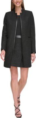 Petite Open Front Metallic Tweed Topper Jacket Tweed A Line Skirt With Faux Leather Trim