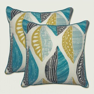 Set of 2 Leaf Block Outdoor/Indoor Throw Pillow Teal/Citron - Pillow Perfect