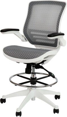 Emma+oliver Mid-Back Transparent Mesh Drafting Chair With Flip-Up Arms - Gray mesh/white frame