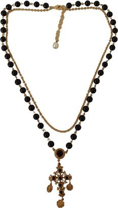 Gold Tone Brass Cross Chain Black Crystal Beaded Women's Necklace