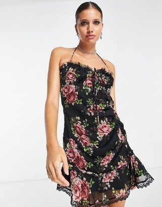 ruched skirt frill hem mini slip dress in black floral print