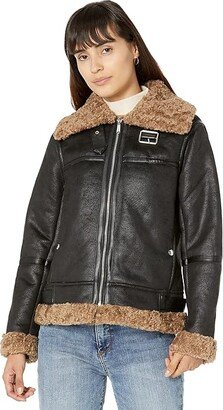 Short Aviator with Shearling Detail (Black/Tan) Women's Clothing