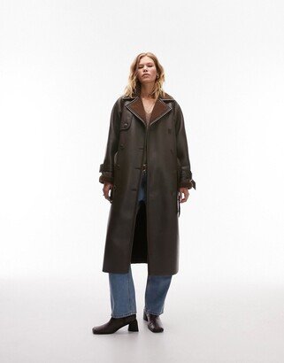 faux leather bonded borg trench coat in chocolate