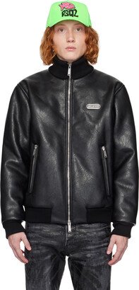 Black Padded Faux-Leather Bomber Jacket