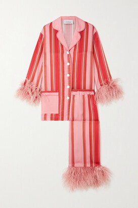 Party Feather-trimmed Striped Charmeuse Pajama Set - Pink