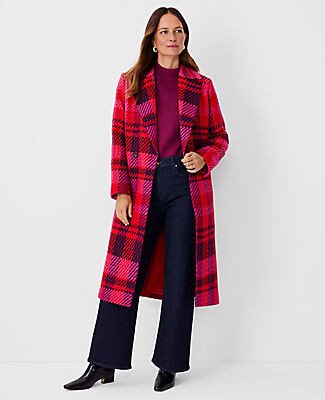 Petite Plaid Long Double Breasted Coat