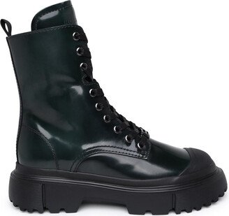 H619 green leather combat boots