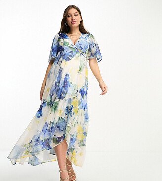 Hope & Ivy Maternity ruffle wrap maxi dress in blue floral print-AA