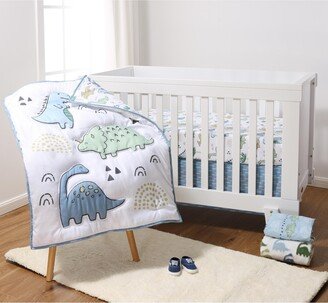 The Blue Dino 5 Piece Crib Bedding Set for Baby Boys, Nursery Set with Blanket - Blue/green