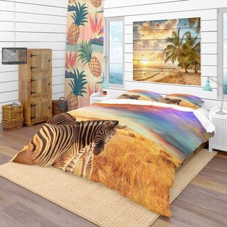 Designart 'Zebras in Bush Under Colorful Sky' Tropical Bedding Set - Duvet Cover & Shams