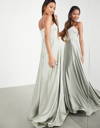 Bridesmaid satin cami maxi dress with full skirt in sage green