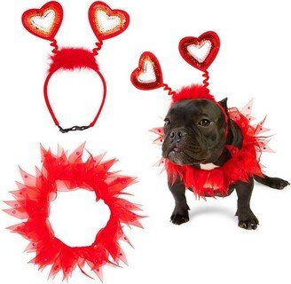 Zodaca 2 Piece Set Red Heart Headband and Collar for Medium and Large Dogs, Valentines Day Pets Cloth Costume Accessories