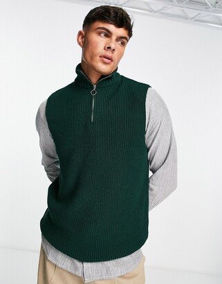 sleeveless funnel neck fisherman rib knit vest in dark green