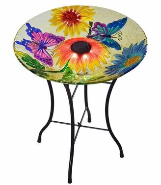 Outdoor 18In Hand Painted Butterfly Fusion Glass Solar Bird Bath W/ Stand