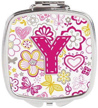 CJ2005-YSCM Letter Y Flowers & Butterflies Pink Compact Mirror