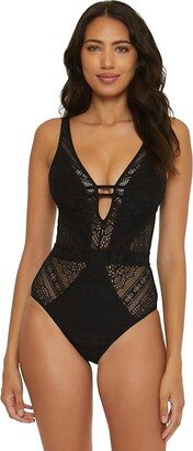 Color Play Crochet Plunge One-Piece (Black 1) Women's Swimsuits One Piece