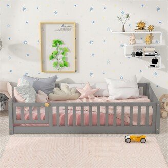 Twin size Floor Platform Bed with Fence and Door for kids