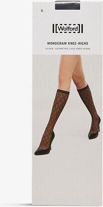 Womens Black onogram Stretch-woven Knee-high Tights