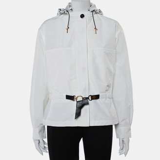 White Synthetic Logo Printed Hood Detail Belted Parka Jacket M