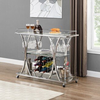 Kahomvis Chrome Bar Cart with Wine Rack Silver Glass Metal Frame Wine Storage