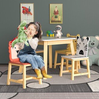 GREATPLANINC Simple 5 Piece Kiddy Table and Chair Set, Cartoon Animals Wood Dining Table and 4 Chair Set, for Children, Kids