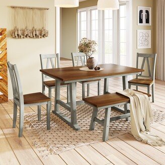 GEROJO Gray 6-Piece Wood Dining Table Set with Long Bench and Chairs