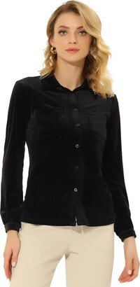 Allegra K Women' Pocket Front Velvet Bloue Long Sleeve Caual Button Down Shirt Black X-Small