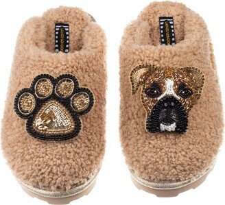 Laines London Teddy Towelling Closed Toe Slippers With Pip The Boxer & Paw Print Brooches - Toffee