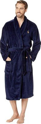 Microfiber Plush Long Sleeve Shawl Collar Robe (Cruise Navy/Basic Gold Pony Print) Men's Robe