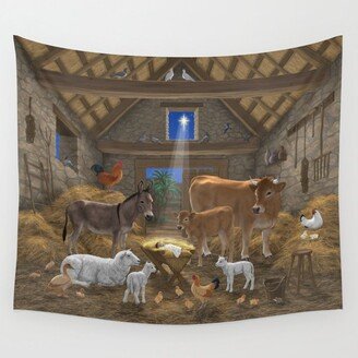 Baby Jesus Divine Manger Holy Night Christmas Nativity Scene Barnyard Farm Animals Wall Tapestry