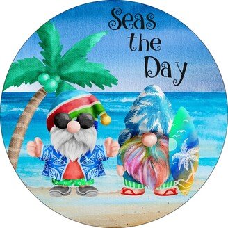 Seas The Day Tropical Gnome Summer Sign - Round Spring Welcome For Wreaths Door Hanger, Tray Beach