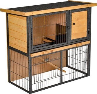 Wooden Rabbit Hutch Metal Frame Small Animal Habitat with No Leak Tray, Asphalt Openable Roof,Ramp and Lockable Door for Outdoor Light Yellow