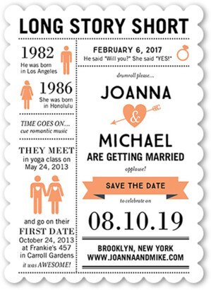 Save The Date Cards: Long Story Short Save The Date, Orange, Pearl Shimmer Cardstock, Scallop