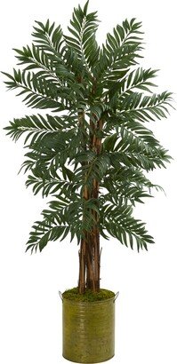 5' Parlor Palm Artificial Tree in Green Tin Planter