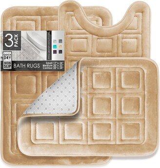 3 Piece Ultra Soft Non-Slip Plush Memory Foam Bath Rug Set - Small, Large & Contour - Waffle Design