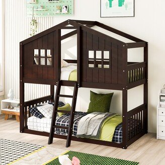 NINEDIN Twin Over Twin House Bunk Bed with Ladder, Twin Wood Bed Frame with Roof Design, Bunk Bed for Teens, Boys and Girls