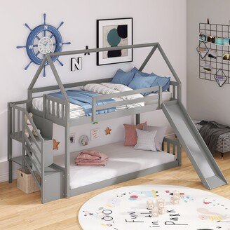 Aoolive Twin over Twin House Bunk Bed with Slide and Storage Staircase