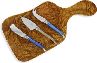 French Home Laguiole 4-Piece Olivewood Cheese Board & Laguiole Cheese Knife Set