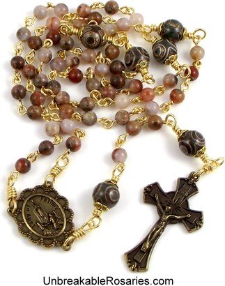 Bronze Virgin Of Fatima Rosary in Aqua Nueva Jasper & Tibetan Agate W Italian Medals By Unbreakable Rosaries