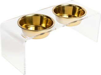 Hiddin Medium Clear Double Bowl Pet Feeder, 6.5 Cup Gold Bowls